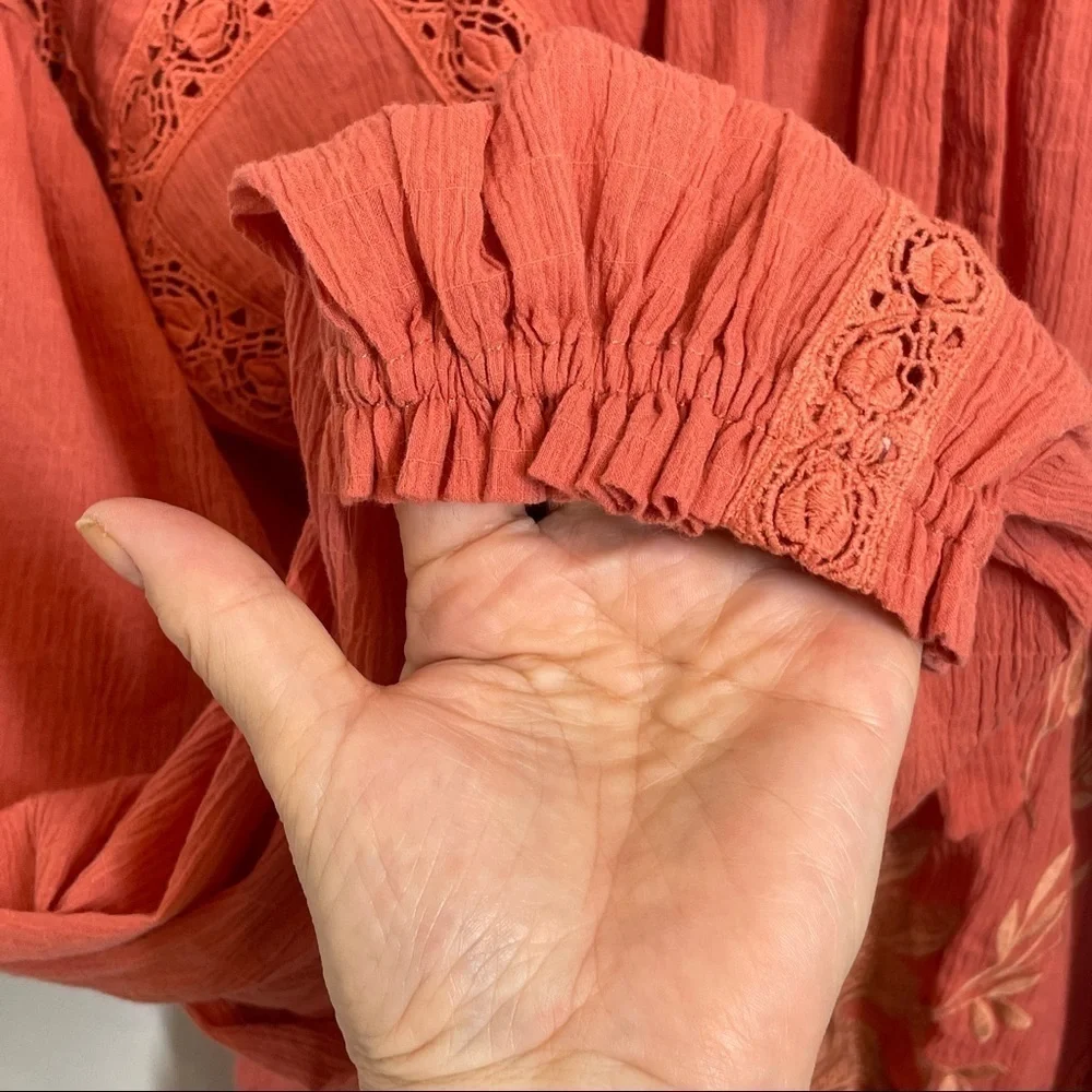 Free People Terra Cotta Maria Maria Top Ribbon Tie Gathered Waist Embroidery M
